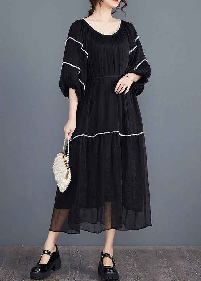 Black Nail Bead Long Dresses Half Sleeve Aj1022