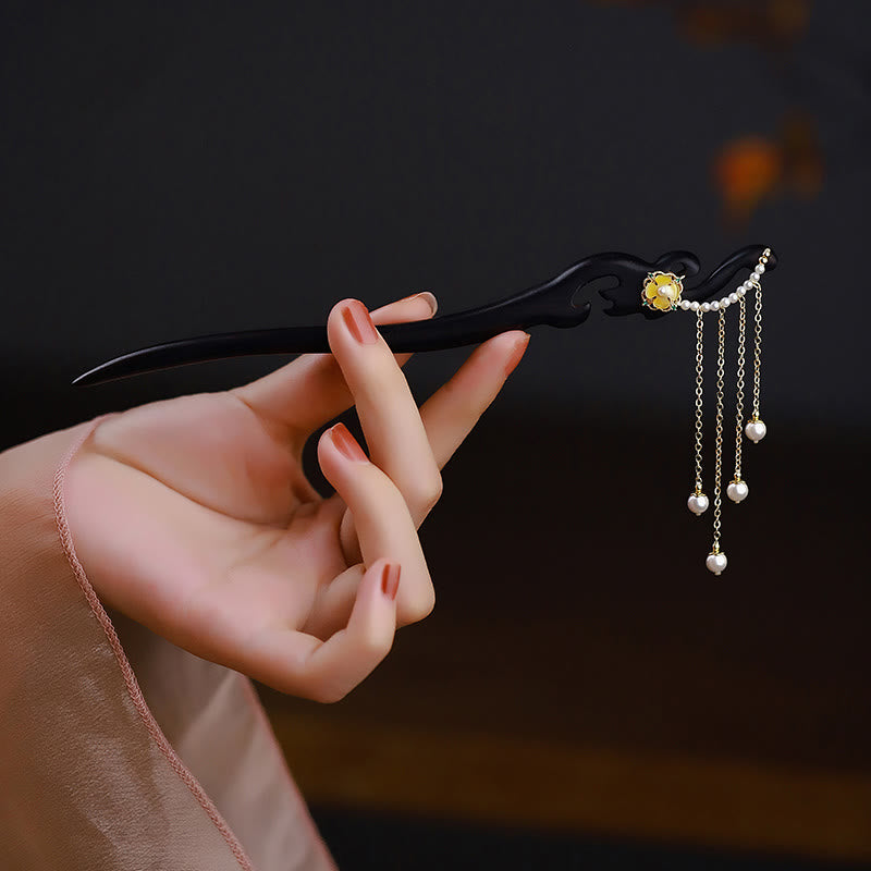 Ebony Wood Chinese Hairpin With Yellow Pearl Tassels