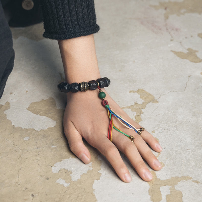 Ebony Wood and Copper Peace Wrist Mala Bracelet 15-18cm