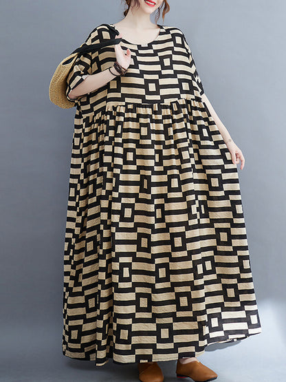 Loose Short Sleeves Plaid Round-neck Midi Dresses