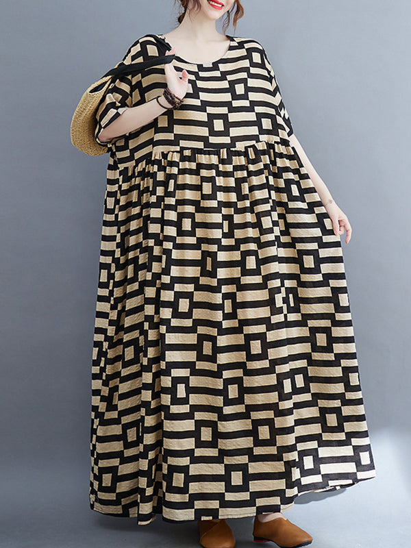 Loose Short Sleeves Plaid Round-neck Midi Dresses