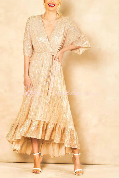 Color Sequined V-neck Waist Tie Loose Maxi Dress