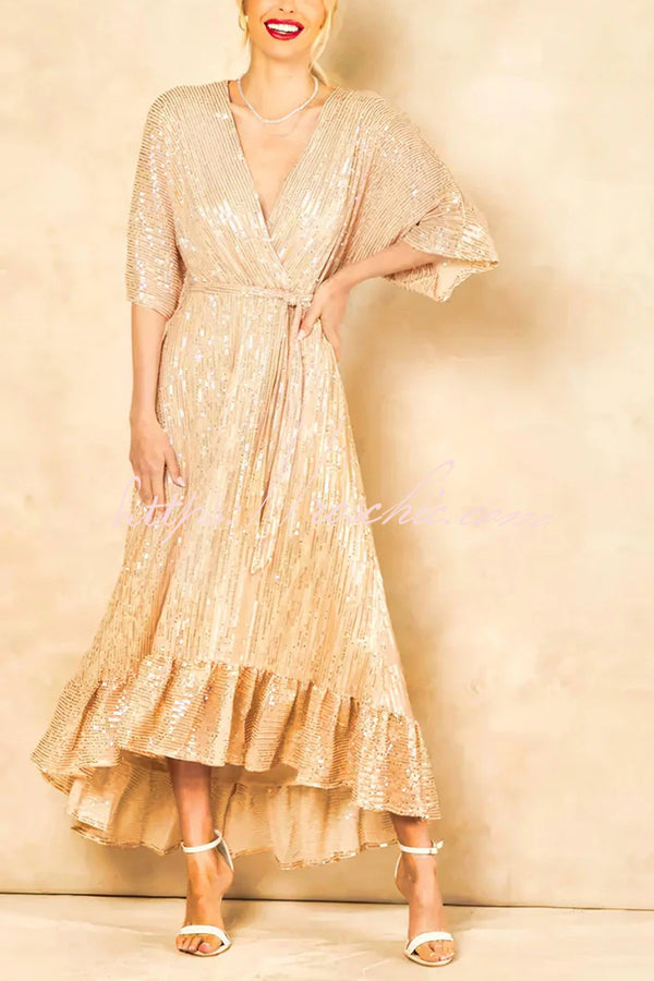 Color Sequined V-neck Waist Tie Loose Maxi Dress