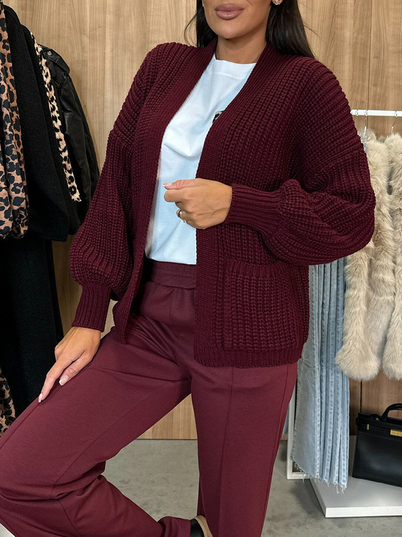 Color V-neck Long-sleeved Knitted Cardigan