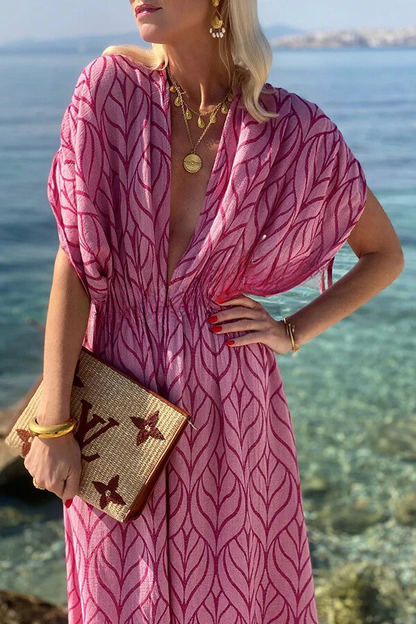 Printed Drawstring Design Kimono Beach Maxi Dress