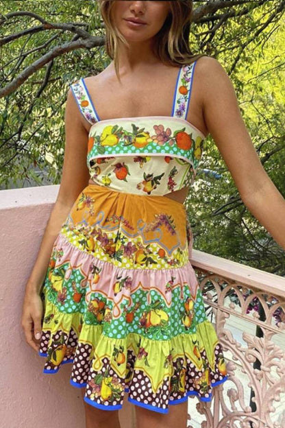 Summer Multicolorlemon Preated Hem Mini Dress