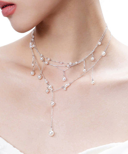 White Pyered Pearl Tassel Multi Layered Silver Necklace