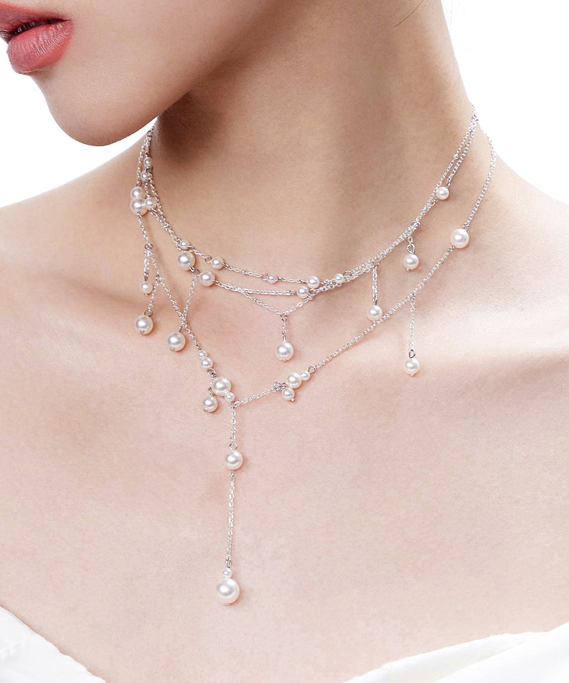 White Pyered Pearl Tassel Multi Layered Silver Necklace