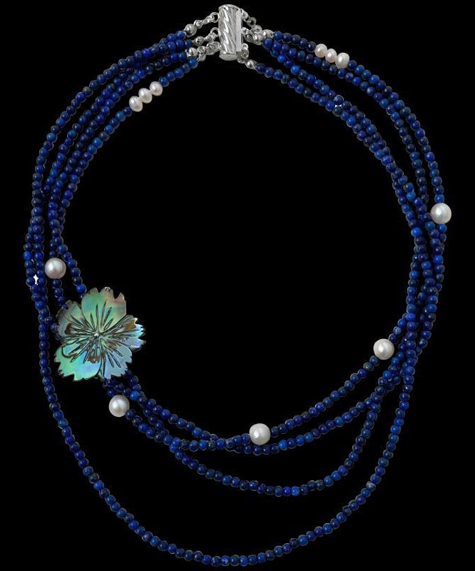 Blue Alloy Pearl Beading Layered Gratuated Bead Necklace