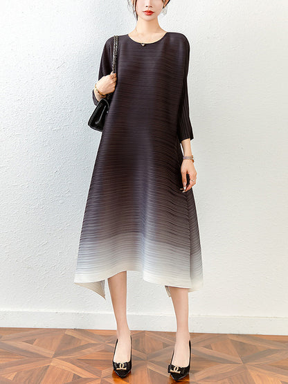 Original Long Sleeves Loose Pleated Gradient Round-neck Midi Dresses