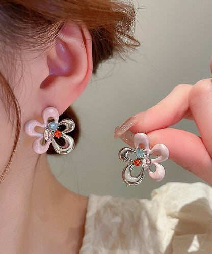 Colorblock Alloy Zircon Drip Glaze Hollow Out Stud Earrings