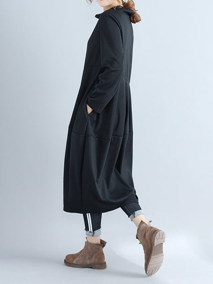 Loose Color Hooded Midi Dresses