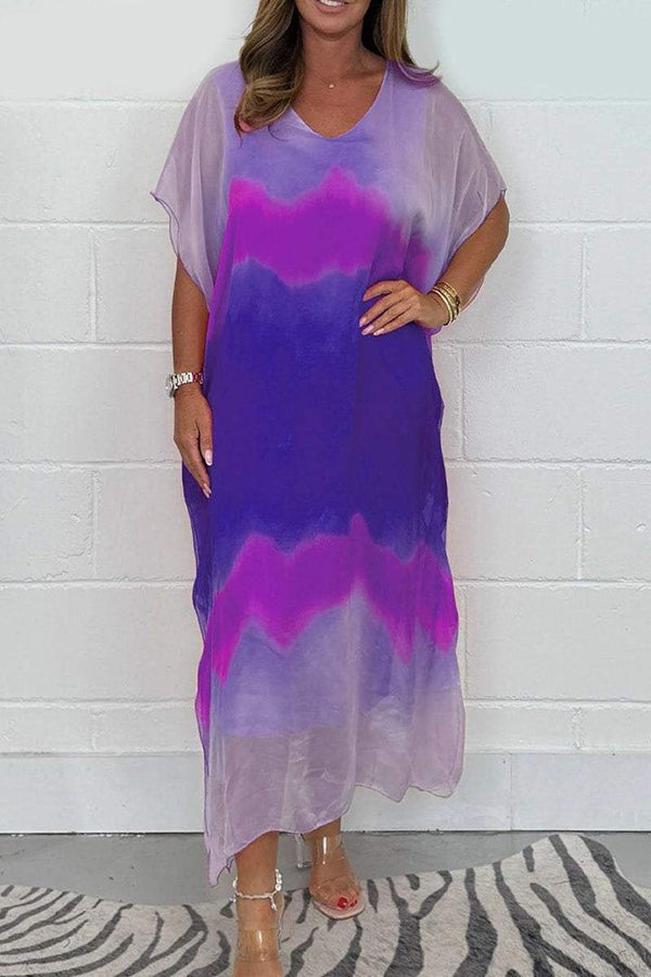 Tie-dye V-neck Short-sleeved Loose Maxi Dress