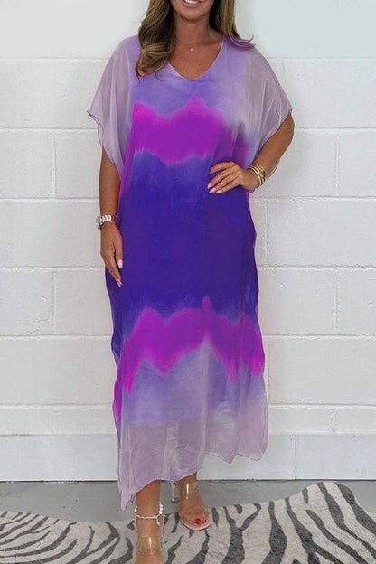 Tie-dye V-neck Short-sleeved Loose Maxi Dress