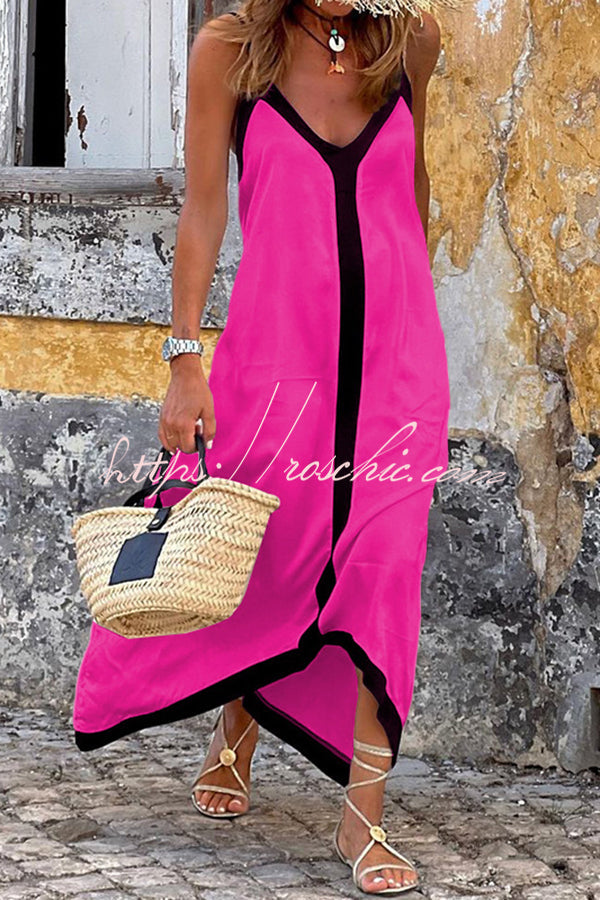 Traveling the Horizon Satin Colorblock Strap Loose Maxi Dress