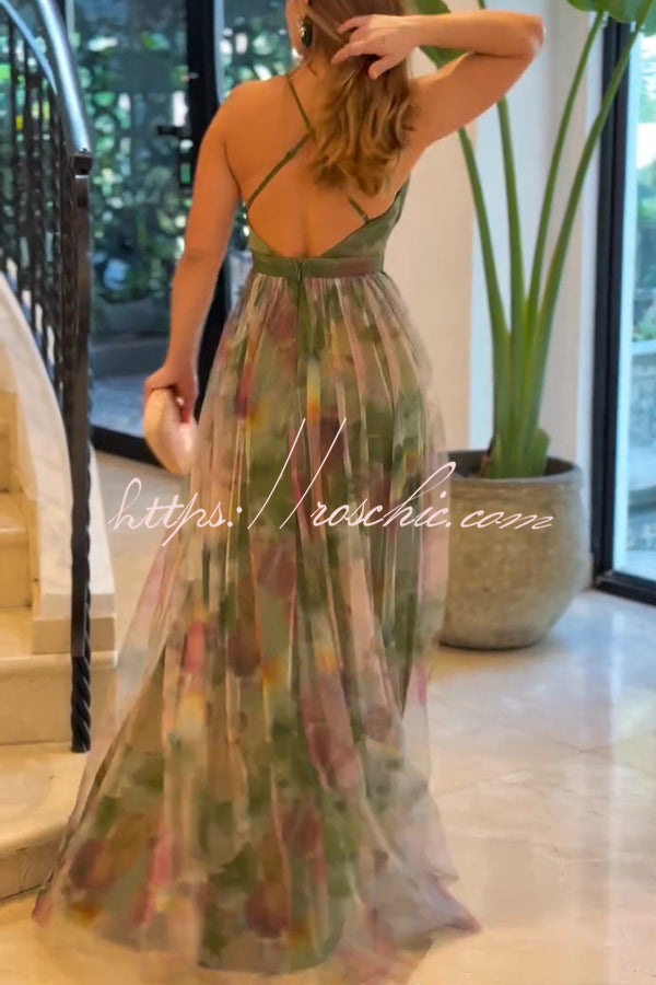 Kerrie Tulle Render Print Cross Back Straps Maxi Dress