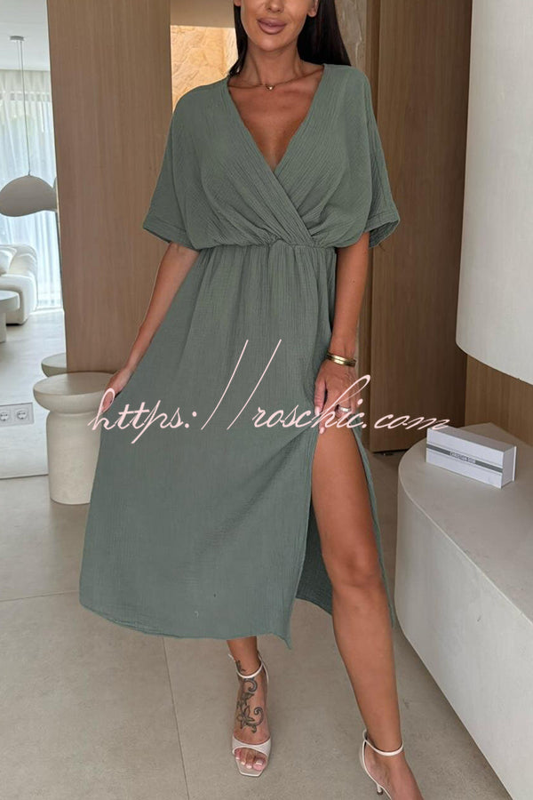 Linen Blend Color V-neck Short Sleeve Waist Loose Slit Midi Dress