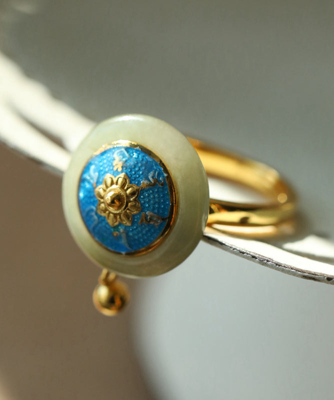 Gold Sterling Silver Overgild Jade Cloisonne Rotatable Rings