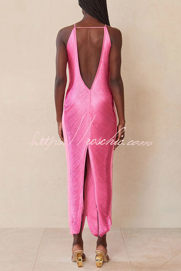 Allnight Metallic Halterneck Backless Fringed Slit Maxi Dress