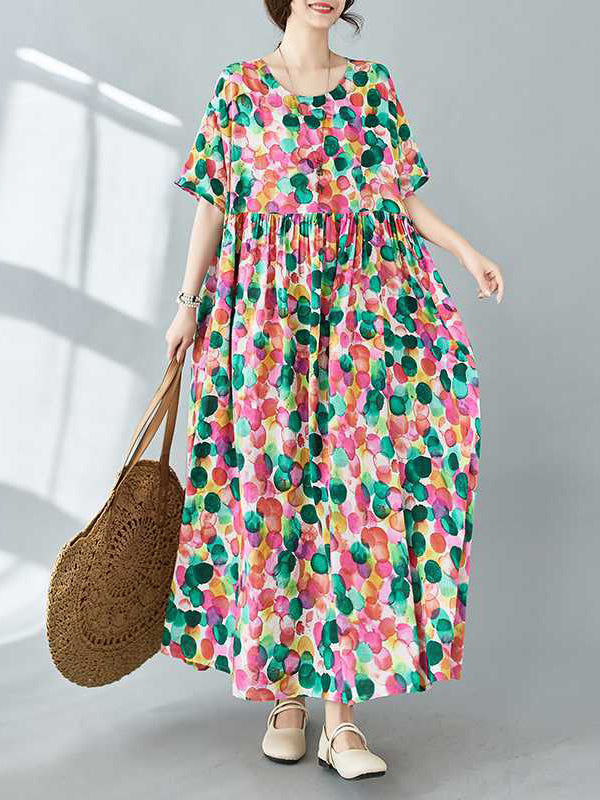 Half Sleeves Loose Pleated Polka-dot Printed Split-joint Round-neck Midi Dresses