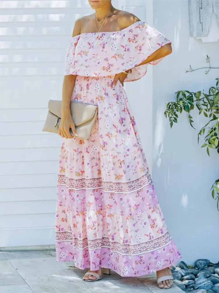 Flower Print Off Shoulder Long Dresses for Spring Summer New Temperament High Waist Leace-up Dress Female Vestidos