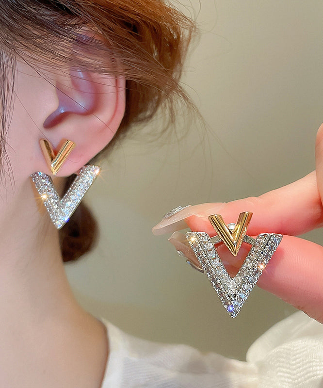 White Copper Zircon Graphic V Shape Stud Earrings
