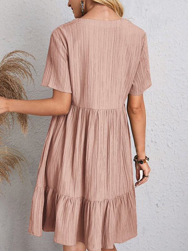 A-line Loose Pleated Color Split-joint V-neck Mini Dresses
