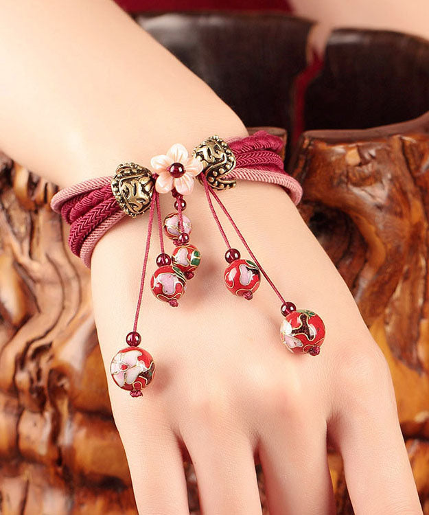 Red Hand Knitting Alloy Cloisonne Shell Flower Charm Bracelet