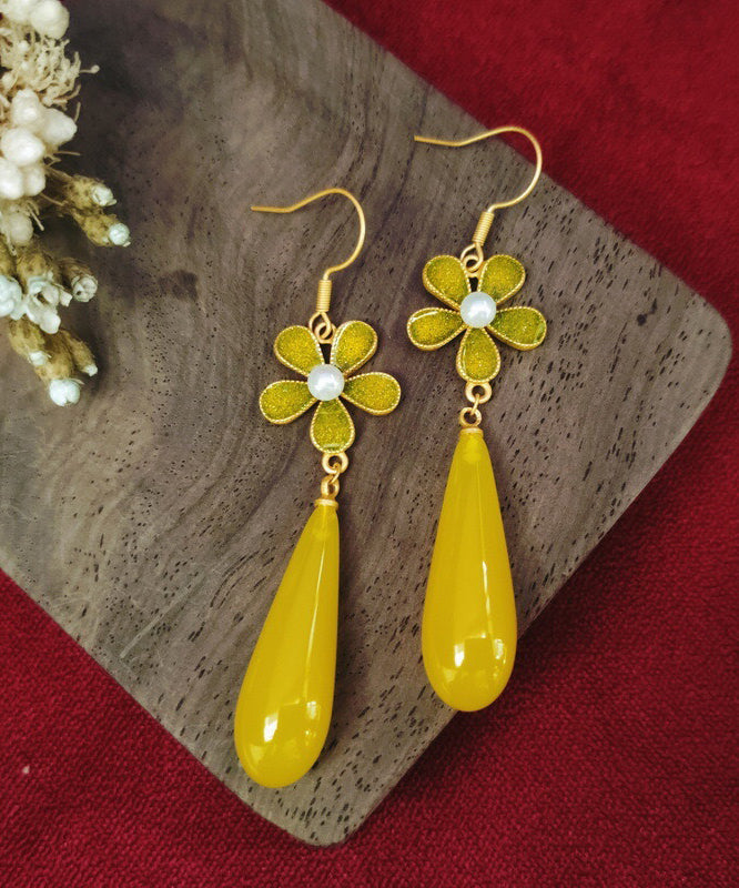 Yellow Sterling Silver Overgild Zircon Pearl Enamel Drop Earrings