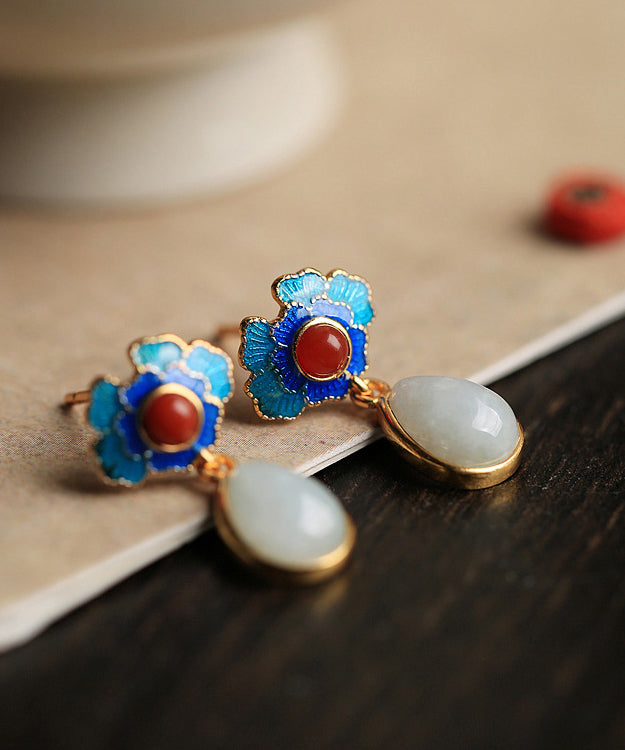 Blue Sterling Silver Jade Jadeite Stud Earrings