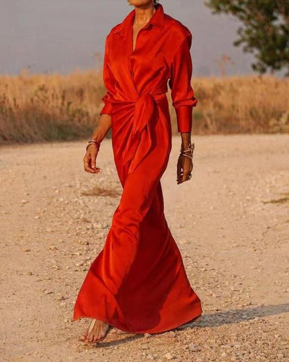 Red Satin Wrap Shirt Maxi Dress Qb034