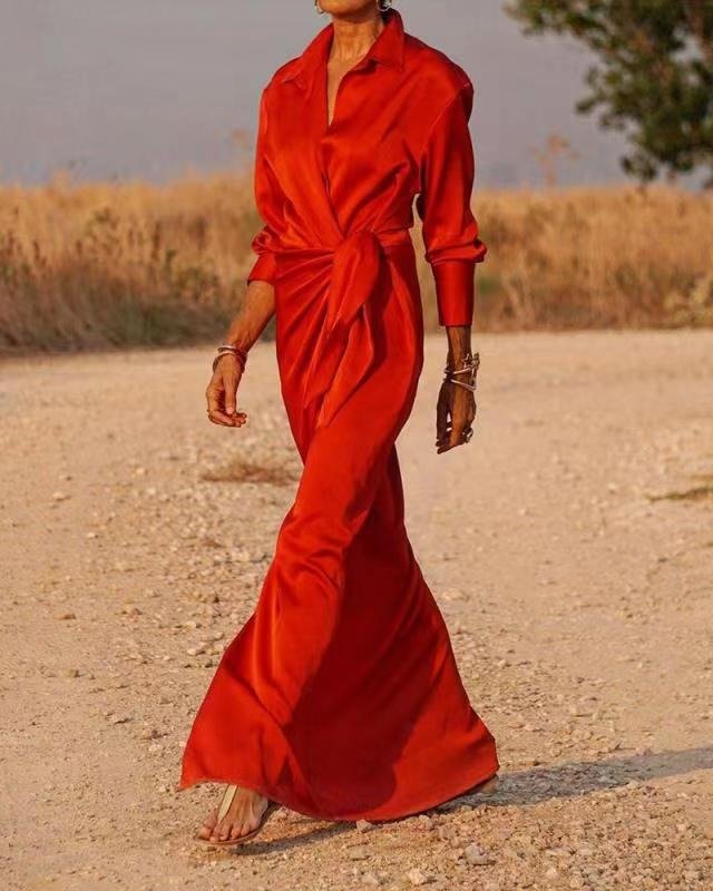 Red Satin Wrap Shirt Maxi Dress Qb034