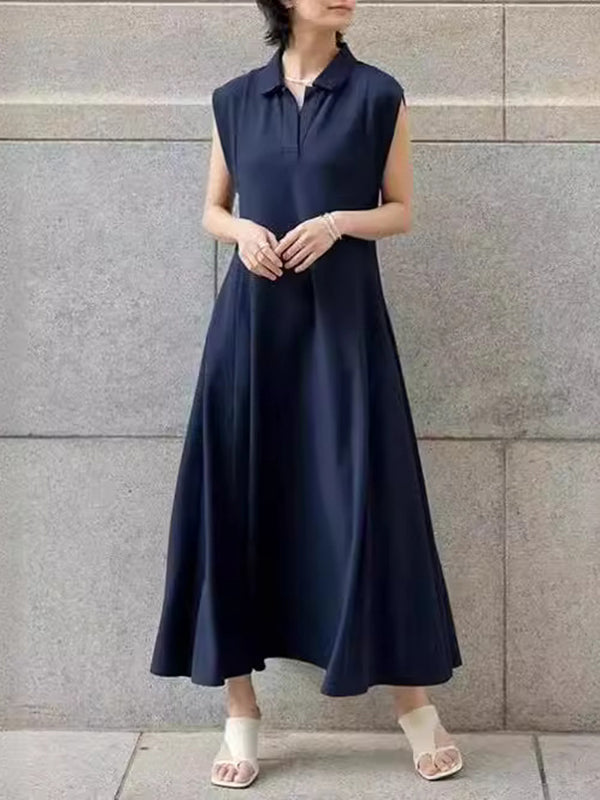 Loose Raglan Sleeve Pleated Color Lapel Maxi Dresses