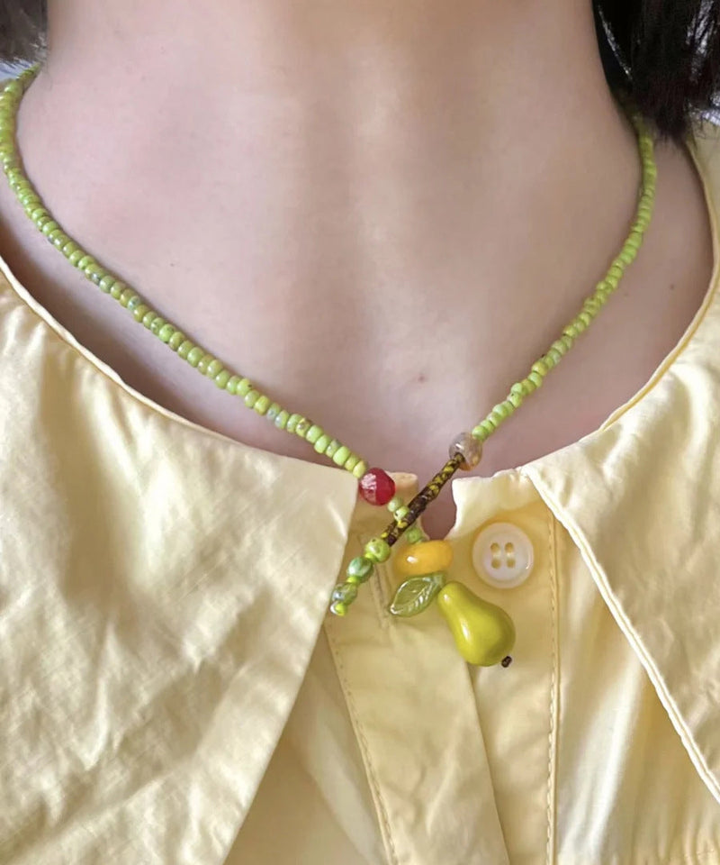 Grass Green Beads Leaf Pear Pendant Necklace