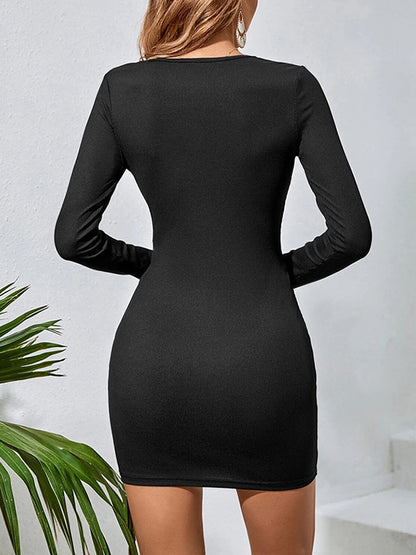 Long Sleeves Skinny Knot Color Round-neck Mini Dresses