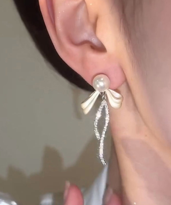 Simple Silk Alloy Butterfly Zircon Pearl Tassel Drop Earrings
