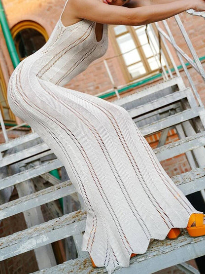 Skinny Sleeveless Backless Hollow See-through Color Split-joint Wide Straps Maxi Dresses