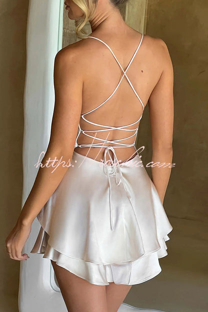 Ruffled Satin Strappy Satin Backless Lace Up Mini Dress