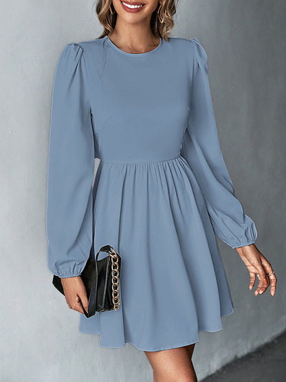 A-line Bishop Sleeve Backless Elasticity Hollow Pleated Color Tied Round-neck Mini Dresses