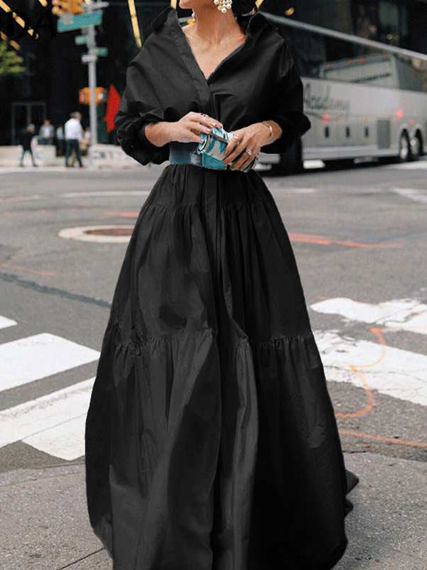Long Sleeves Loose Belted Pleated Color Lapel Maxi Dresses
