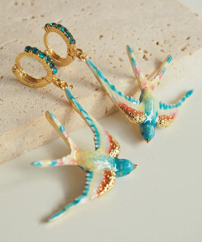Rainbow Copper Alloy Enamel Gem Stone Swallow Drop Earrings