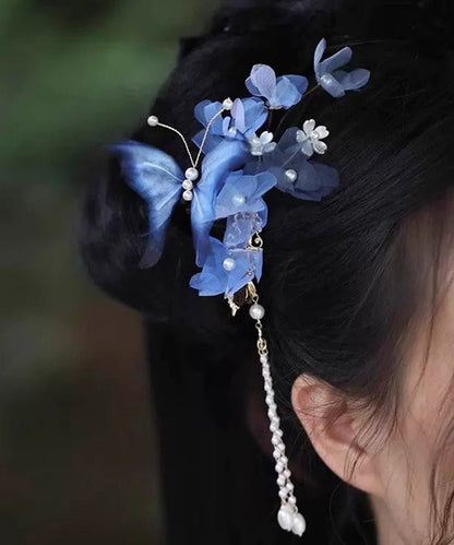 Chinese Style Blue Alloy Silk Pealr Tassel Hairpin