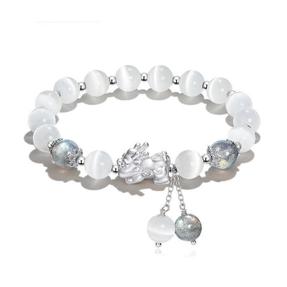 Buddha Stones Natural Cat's Eye Moonstone Strawberry Quartz Pixiu Support Bracelet