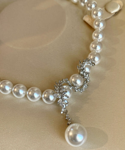 White Pearl Dragon Pattern Pendant Zircon Silver Choker