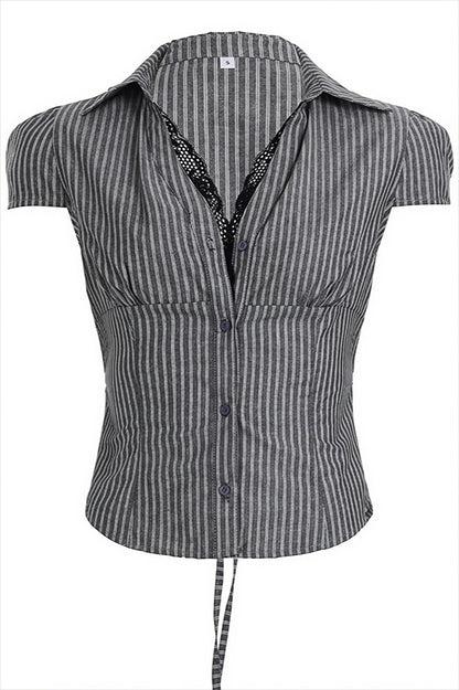 Slim Lace Striped V Neck Blouse