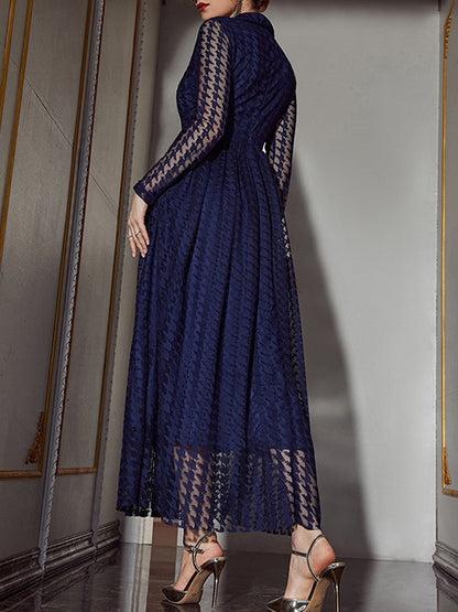 High Waisted Long Sleeves Buttoned Gauze See-through Color V-neck Maxi Dresses