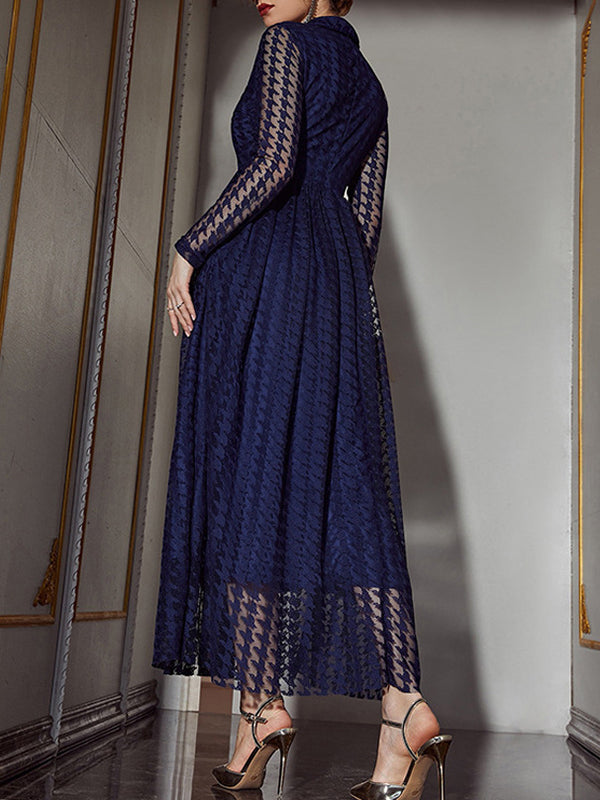High Waisted Long Sleeves Buttoned Gauze See-through Color V-neck Maxi Dresses