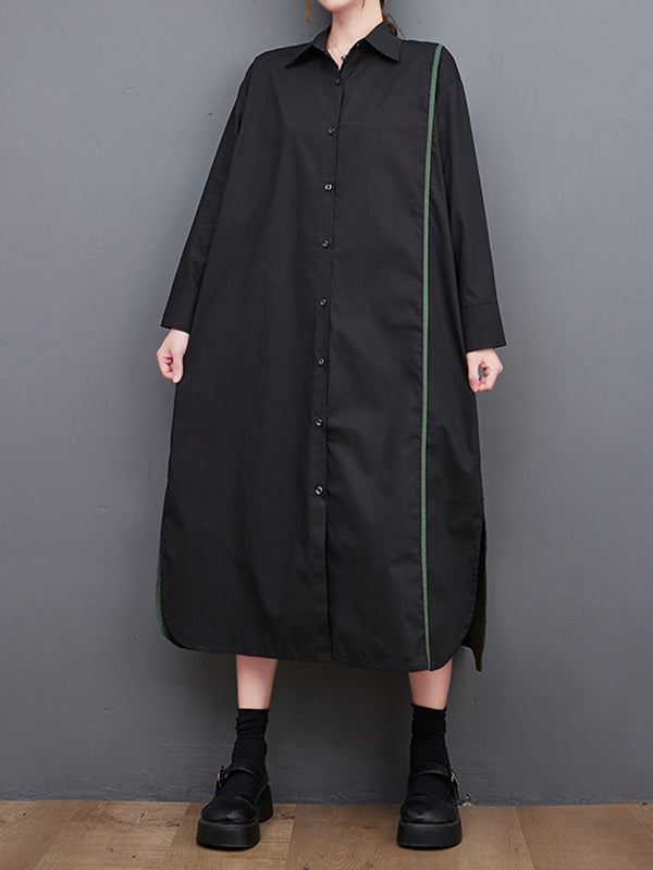 Long Sleeves Loose Asymmetric Buttoned Split-joint Split-side Lapel Midi Dresses Shirt Dress