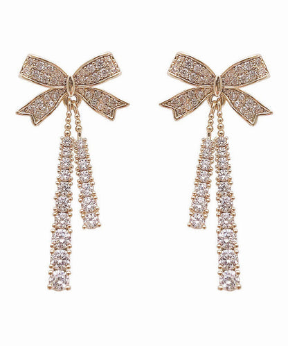 Gold Sterling Silver Alloy Zircon Bow Tassel Drop Earrings