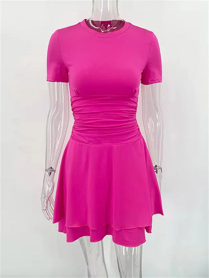 Folds Ruffled Mini Dress for Summer New Color Short Sleeves Female Clubs Party Slim Fit Dress